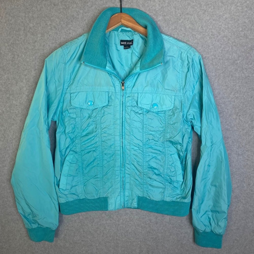 Wet Seal Vintage Retro Windbreaker Jacket Turquois Teal Womens Size L